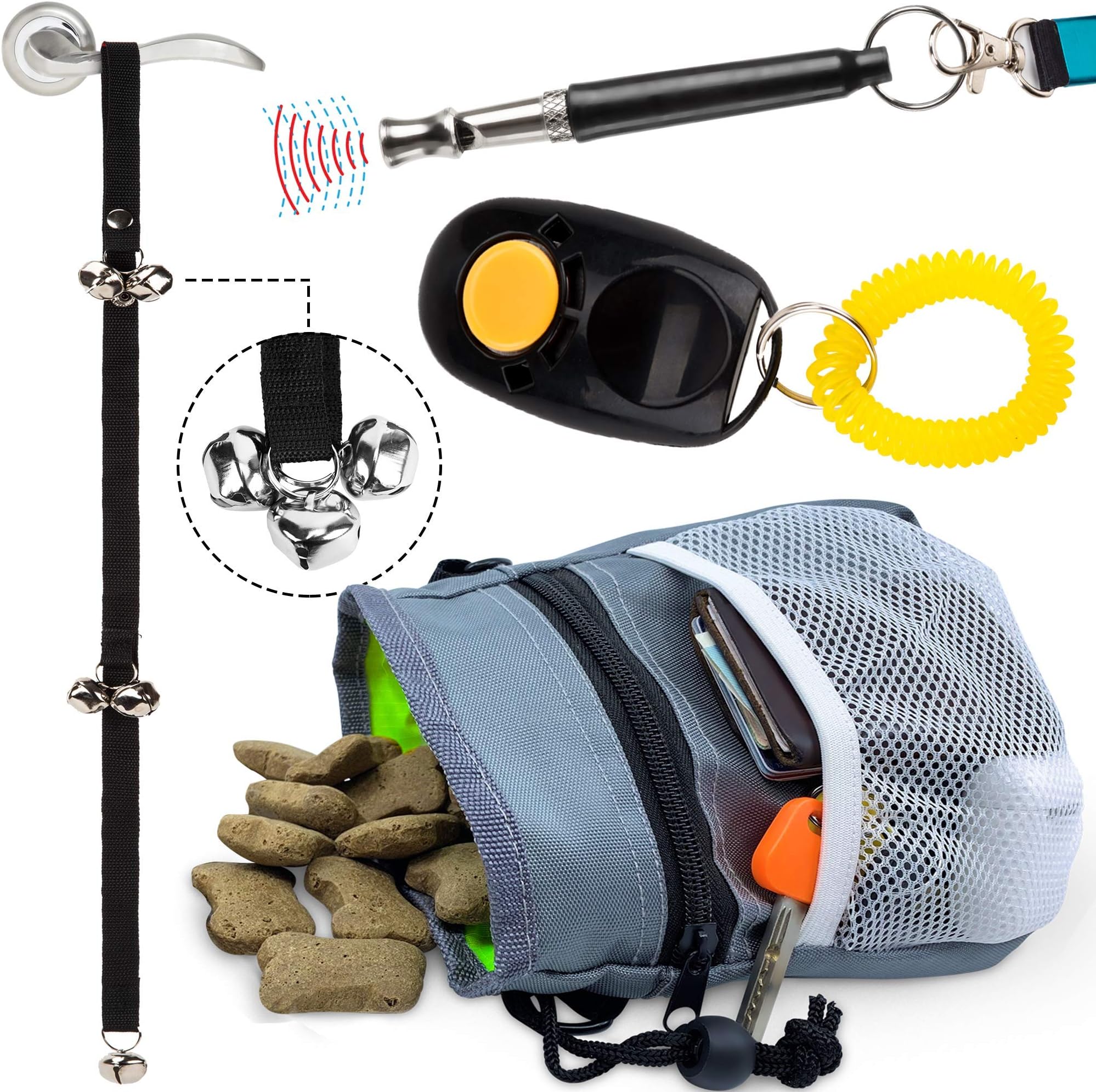 AMZpets Puppy Training Set. Dog Clicker, Treat Pouch with Poop Bag Dispenser, Potty House Train Door Bells, Dogs Whistle To Stop Barking and Teach Tricks. Puppies Supplies Starter Kit