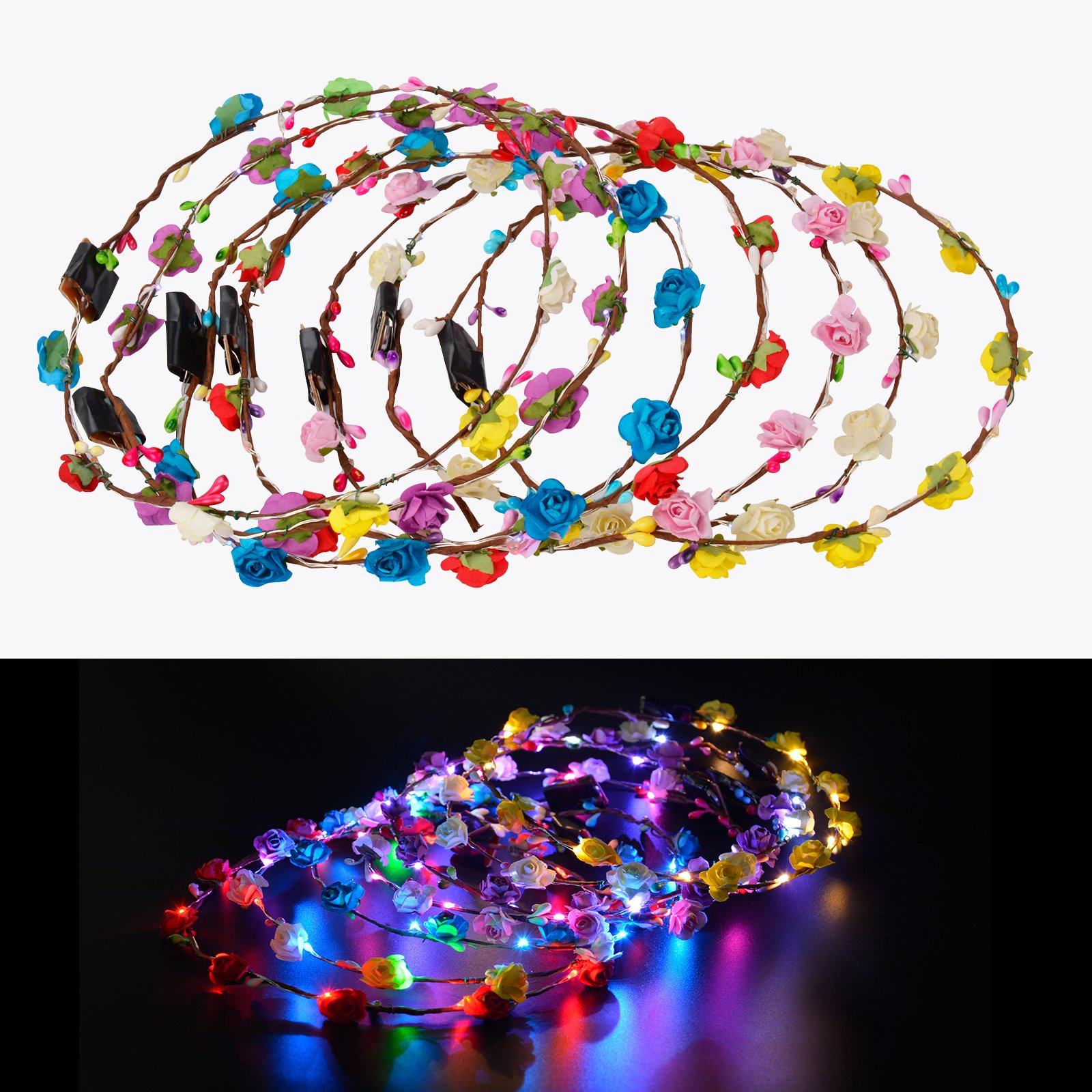 LED Flower Crown, ZOYLINK 12PCS Flower Wreath Garland Flower Headdress Luminous Headpiece Light-up Hair Hoop for Wedding Bridal Night Party Decor Festival Holiday Christmas Halloween Party