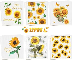 12 Pieces Swedish Dishcloths Reusable Sponge Cleaning Cloths Sunflower Kitchen Cloths Absorbent Dish Cloth Washable Kitchen Towels for Kitchen Cleaning Wiping