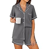 Ekouaer Womens Waffle Knit Pajama Sets Soft Short Sleeve Button Down Sleepwear Cozy 2 Piece Pjs Shorts Set