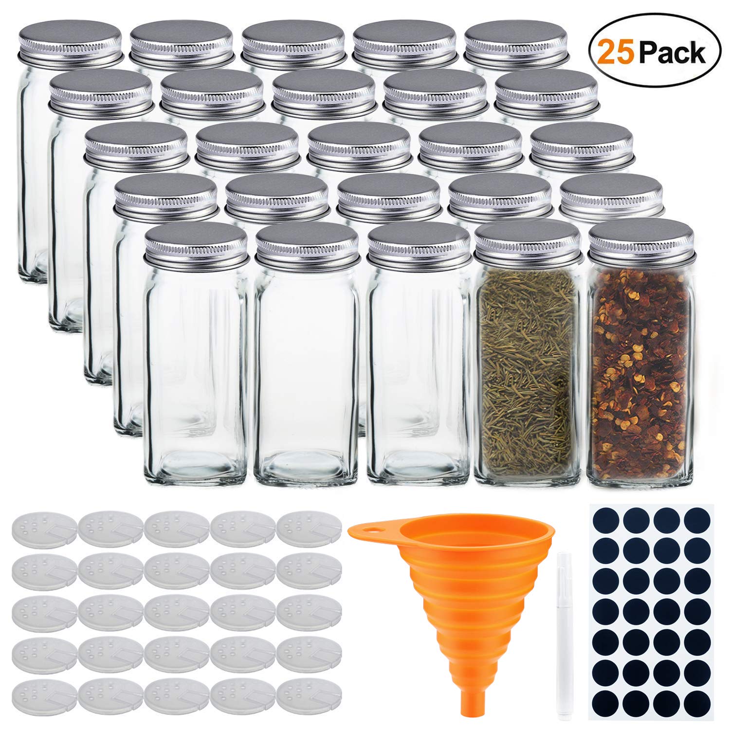 Stonekae 25 Pcs Glass Spice Jars Square Glass Containers With