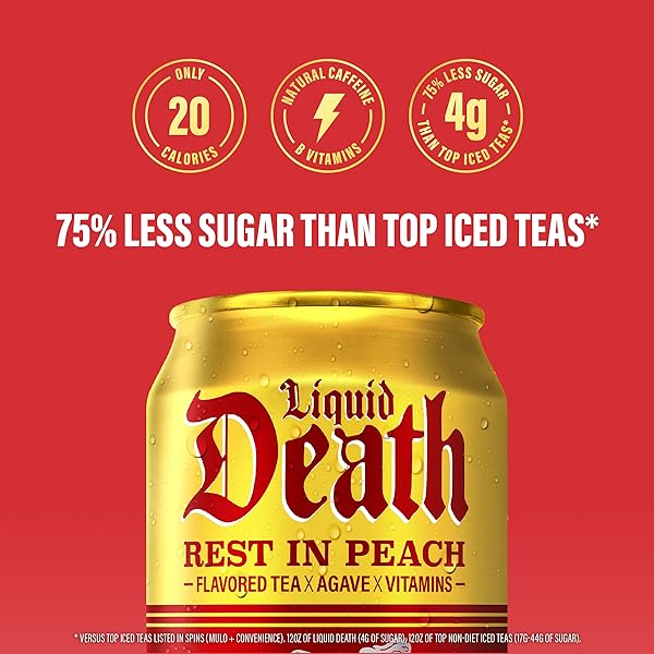 LIQUID DEATH ICED TEA – REST IN PEACH (PEACH-FLAVORED BLACK TEA), LESS SUGAR*, BOOST OF CAFFEINE, B VITAMINS, NO ARTIFICIAL SWEETENERS, 12 FL OZ (PACK OF 12)