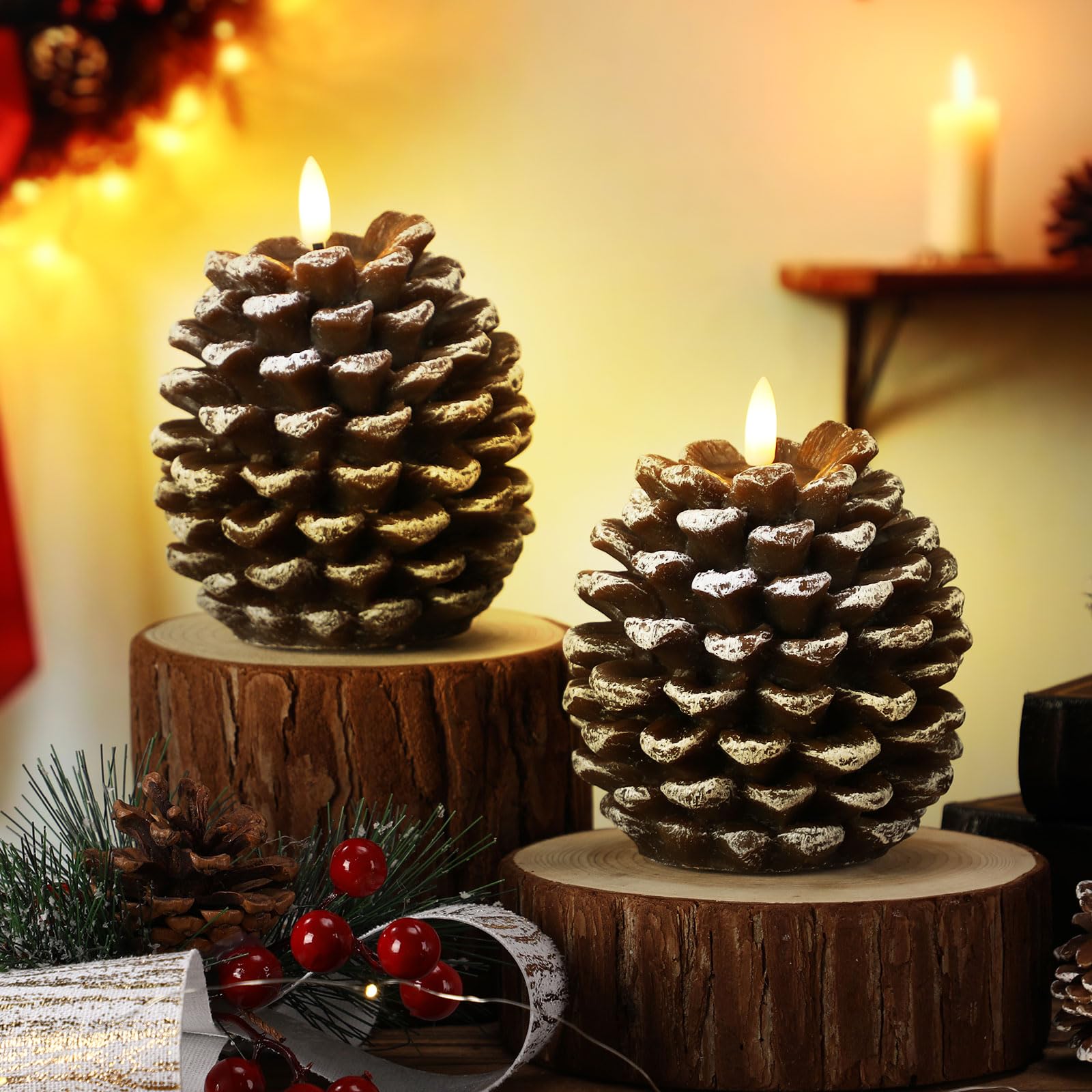Photo 1 of Baquler 2 Pcs LED Pine Cone Candles, Battery Operated, Flameless, Real Wax Pine Cone Candles with LED Flickering for Christmas Party Decoration