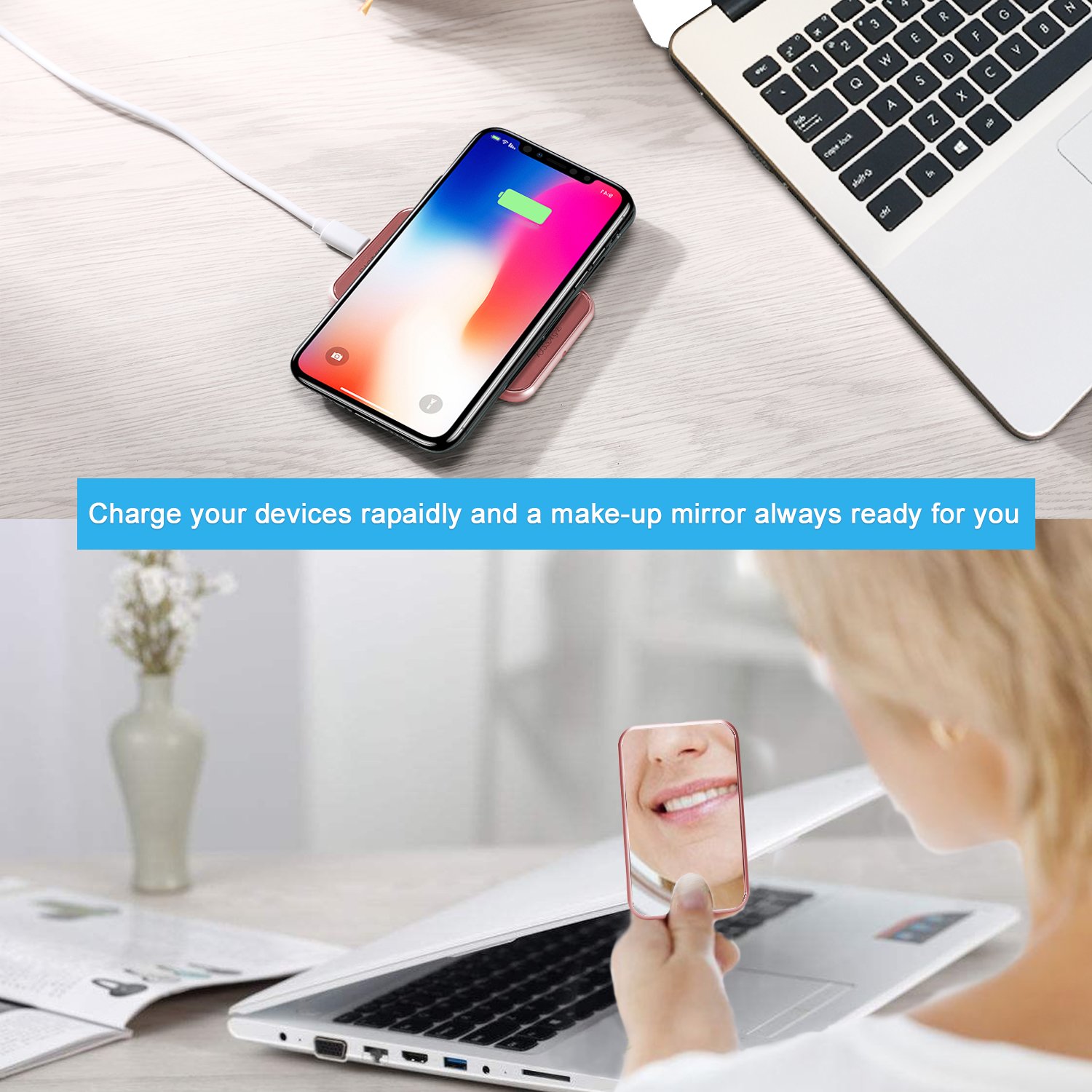 Wireless Charger, KISSAGE Ultra-Slim Premium Qi Wireless Charging Pad for Samsung Galaxy S9/S9 Plus/S8/Note 8/5/S7, 7.5W Charge base for iPhone X/8/8 Plus Built-in Mirror (Pink)