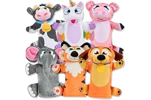 JOYIN 6Pcs Kids Hand Puppet Set, Toddler Animal Plush Toy Includes Elephant, Unicorn, Puppy, Pig, Tiger and Cow for Boys Girls Show Theater, Birthday Party Gifts, Easter Basket Stuffers