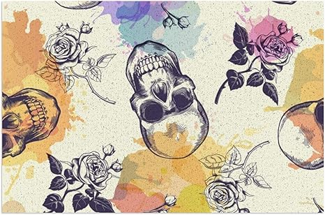 Amazon 室内 屋外用 天然コイア繊維 春 夏 ドアマット 40x60cm 彫刻スタイルと半透明のカラフルで描かれた頭蓋骨とバラの花 インチ 高耐久 ペットと犬用ドアマット 屋内屋外 防水 お手入れ簡単 新年の装飾 ラグ カーペット オンライン通販