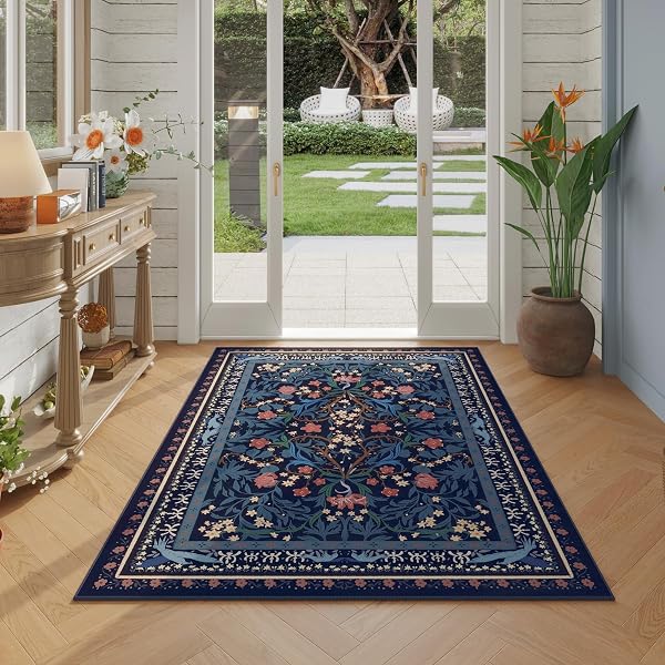VOWKTEN AREA RUG 4X6 RUG WASHABLE VINTAGE FLORAL BOTANICAL RUGS NON SLIP LOW PILE SMALL CARPET FOR BEDROOM, BEDSIDE, KIDS ROOM, OFFICE, DINING ROOM, BLUE