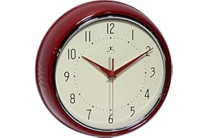 Infinity Instruments LTD. Retro 9 inch Silent Sweep Non-Ticking Mid Century Modern Kitchen Diner Wall Clock Quartz Movement Retro Wall Clock Decorative (Red)…
