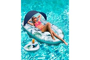 JAZGROM Inflatable Pool Floats for Adults Heavy Duty with Canopy and Cup Holder Pool Rafts Tanning Lounger Floating for Lake Swimming Water Party Games Toys