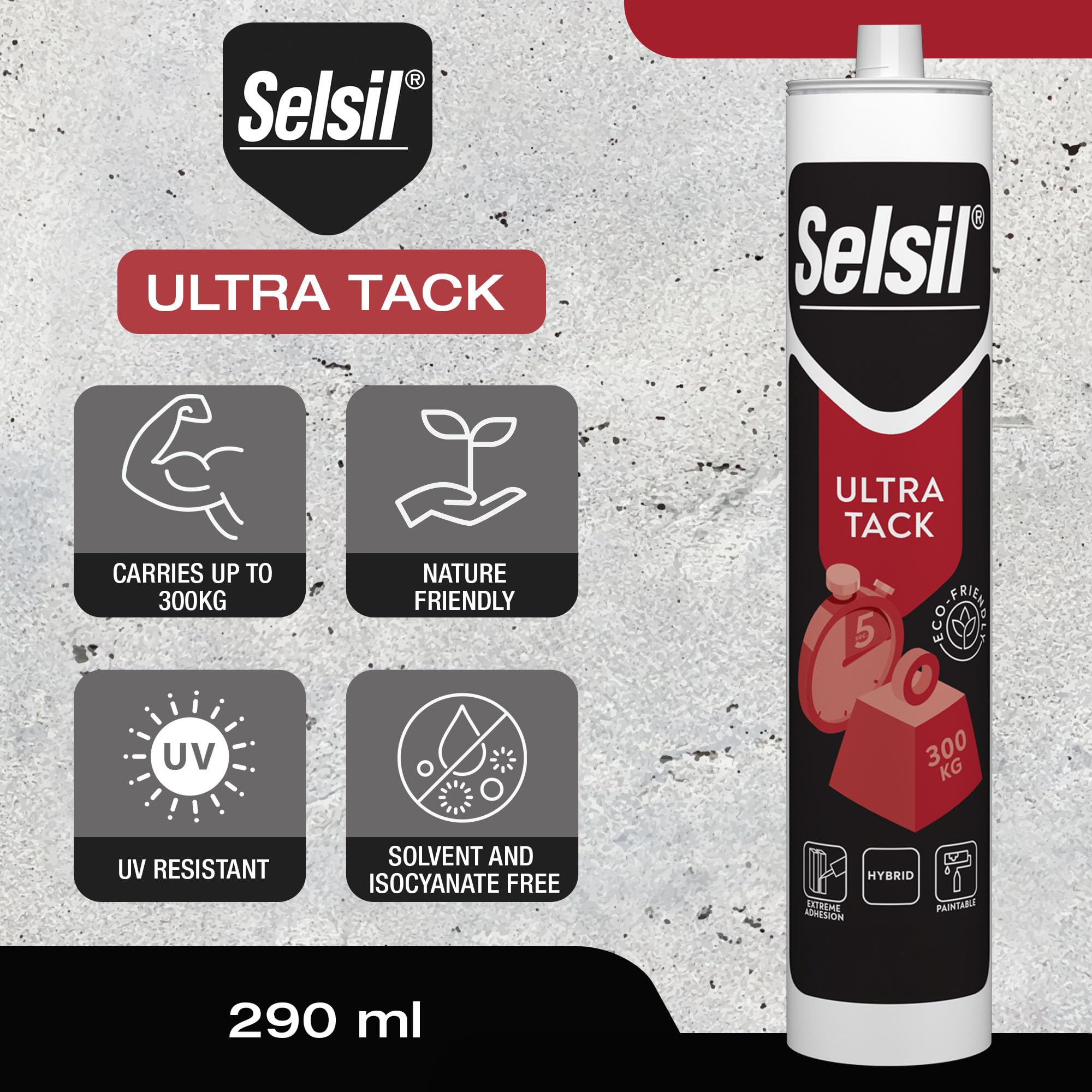 SELSIL Ultra Tack 660 LBS (300 Kg) Carrying Capacity, Hybrid & Paintable Bonding Glue, Super Glue, Wood Glue, Adhesive Glue, Bonds in 5 Seconds, Waterproof Mounting White Glue, 9.80 Fl oz. (290 ml)