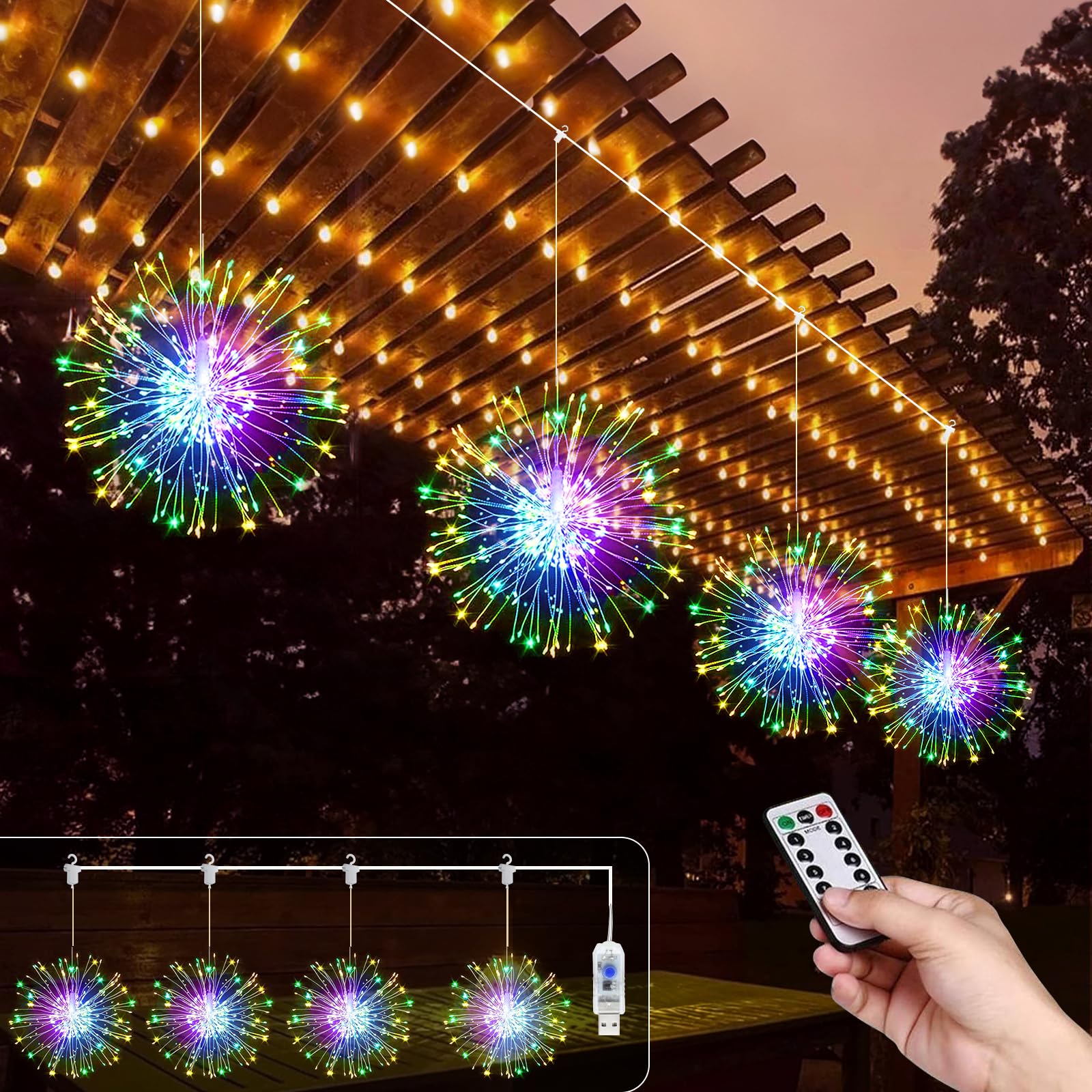 Christmas Fairy Lights, 4 Pieces Firework Lights USB Powered 480 LEDs 8 Modes Waterproof Outdoor Light with Remote Control Firework Lights for Home Patio Christmas Decoration