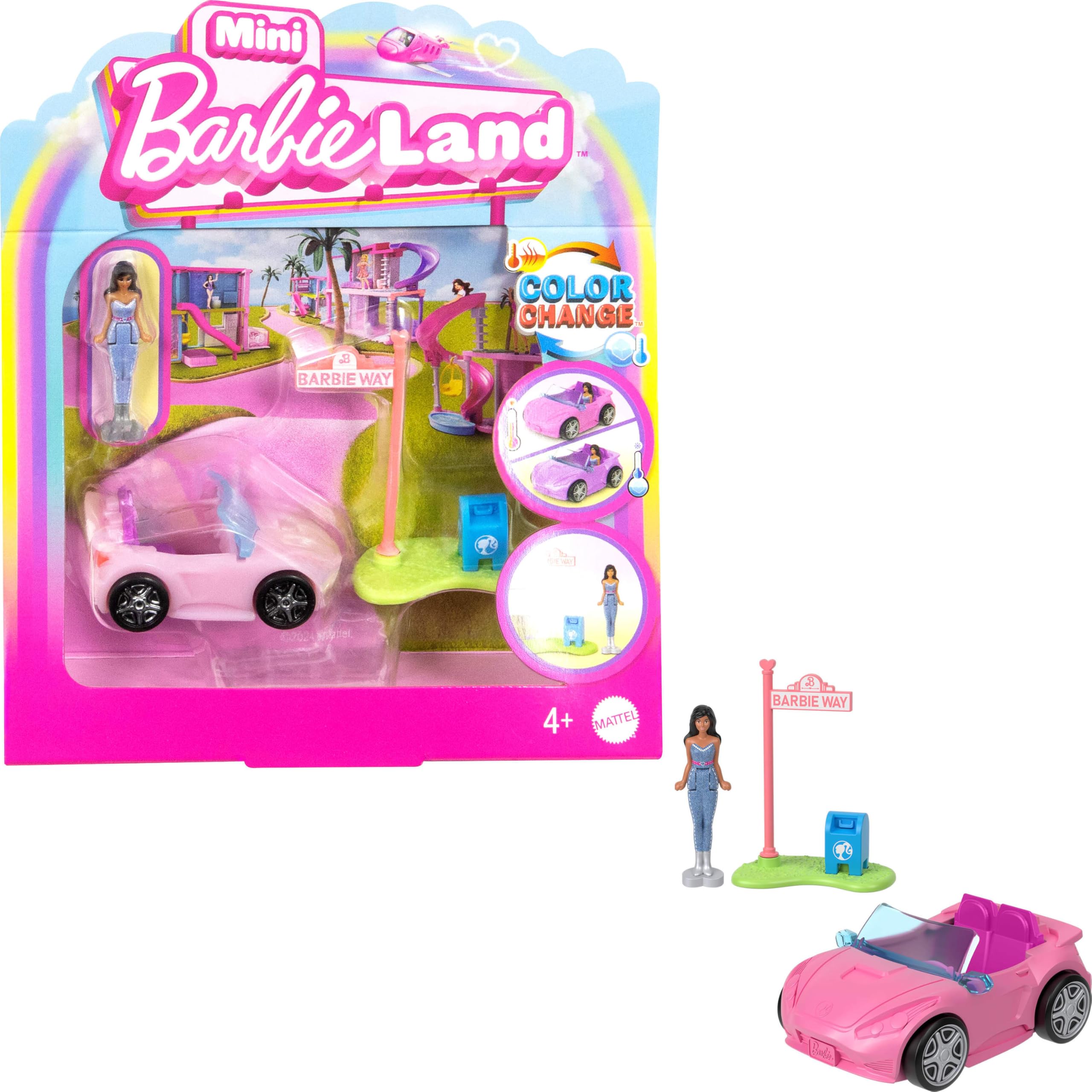 Barbie Mini BarbieLand Doll & Toy Vehicle Set, 1.5-inch Barbie Doll & Convertible Car with Color-Change, Plus Street Sign Accessory, HYF42