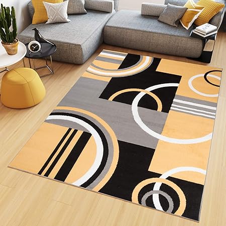 Tapiso Maya Tappeto Salotto Moderno Soggiorno Beige Giallo Geometrico Astratto A Pelo Corto 80 X 150 Cm