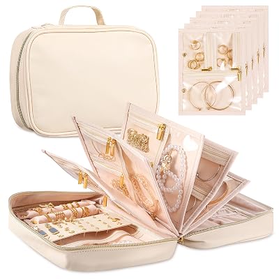 Travel Jewelry Organizer - Imitation Leather Travel Jewelry Case with Adjustable Pages, Jewelry Bag for Earrings,Rings,Necklaces,Bracelets-Perfect,Waterproof, Ideal for Trips & Gifts (Off-white)
