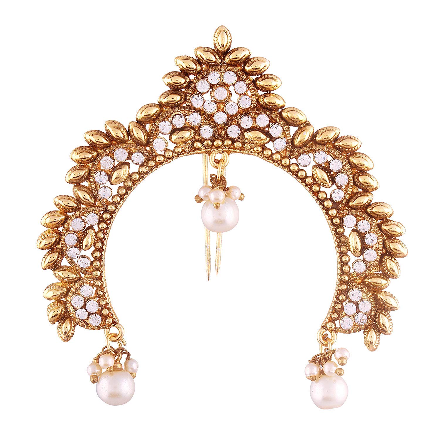 Aheli Faux Kundan Pearl Antique Golden Color Peacock Design Crafted Indian Hair Brooch Pin Hanging Style Fashion Accessories Ethnic Wedding Jewelry for Women
