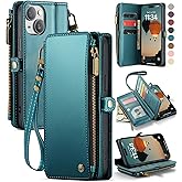 Defencase Compatible with iPhone 14 Plus Case Wallet with RFID Blocking Card Holder for Women Men, PU Leather Magnetic Snap Flip Zipper Strap Wallet Phone Case Fit for iPhone 14 Plus 6.6", Blue Green