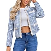 Xaspee Women's Tweed Blazers Cropped Long Sleeve Crewneck Open Front Lace Trim Lightweight Plaid Work Blazer Jackets