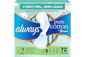 Always Pure Cotton Feminine Pads for Women, FlexFoam Pads with Wings, Size 2, Heavy Absorbency, Unscented, 72 Count (3 Packs of 24)