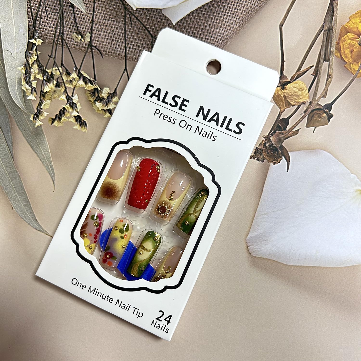 TBRZTR Press on Nails Medium Square 3D Stereoscopic French Glue on Nails Gradient Acrylic Nails with Gold Lines Design False Nails Full Cover Coffin Nails Reusable Stick on Nails for Women 24Pcs - Image 5