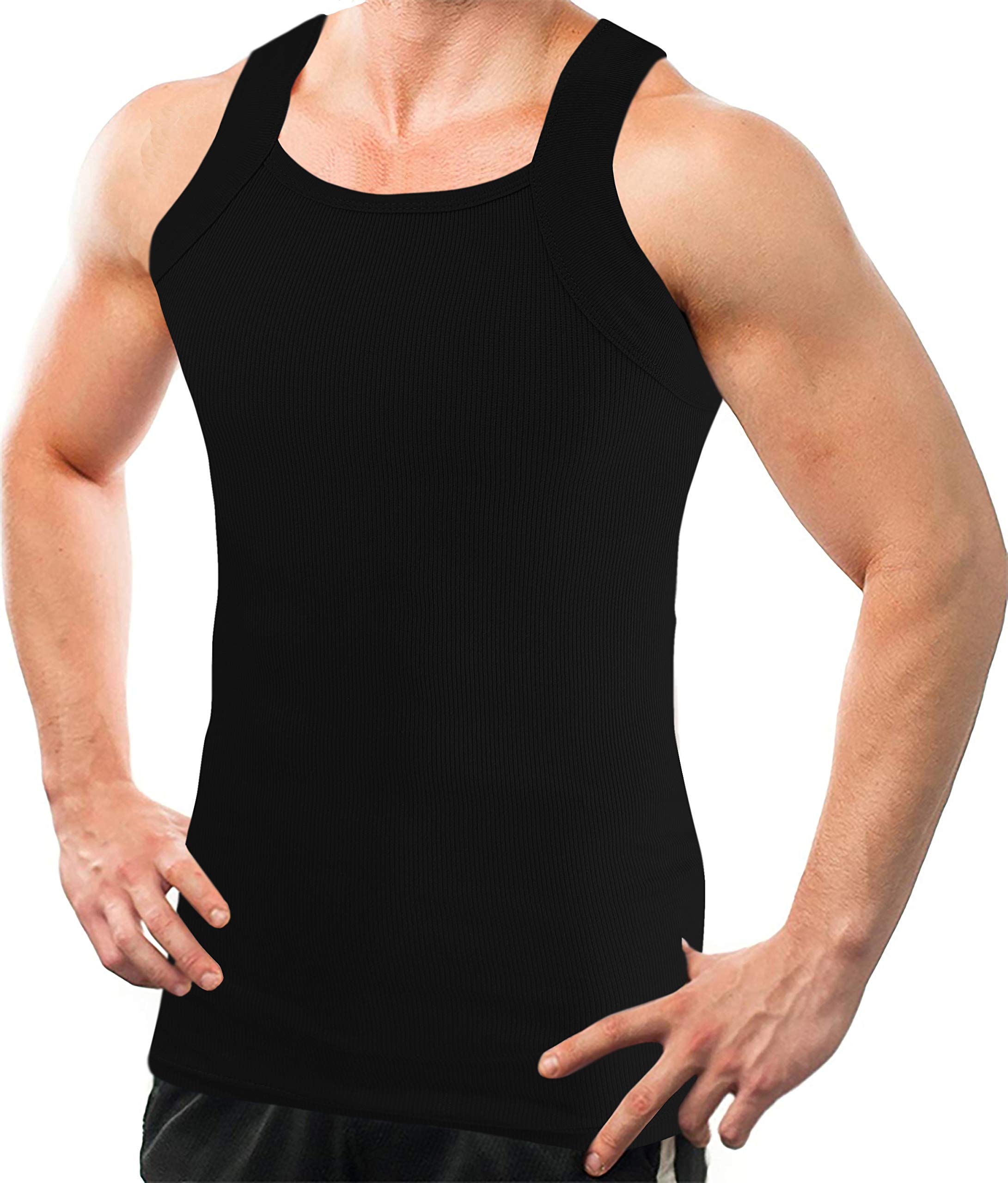 Photo 1 of 2 Pack Men's G-Unit Style Tank Tops Square Cut New USA Classic Design Muscle Ribbed Wife Beater Underwear Shirts (M, Black)