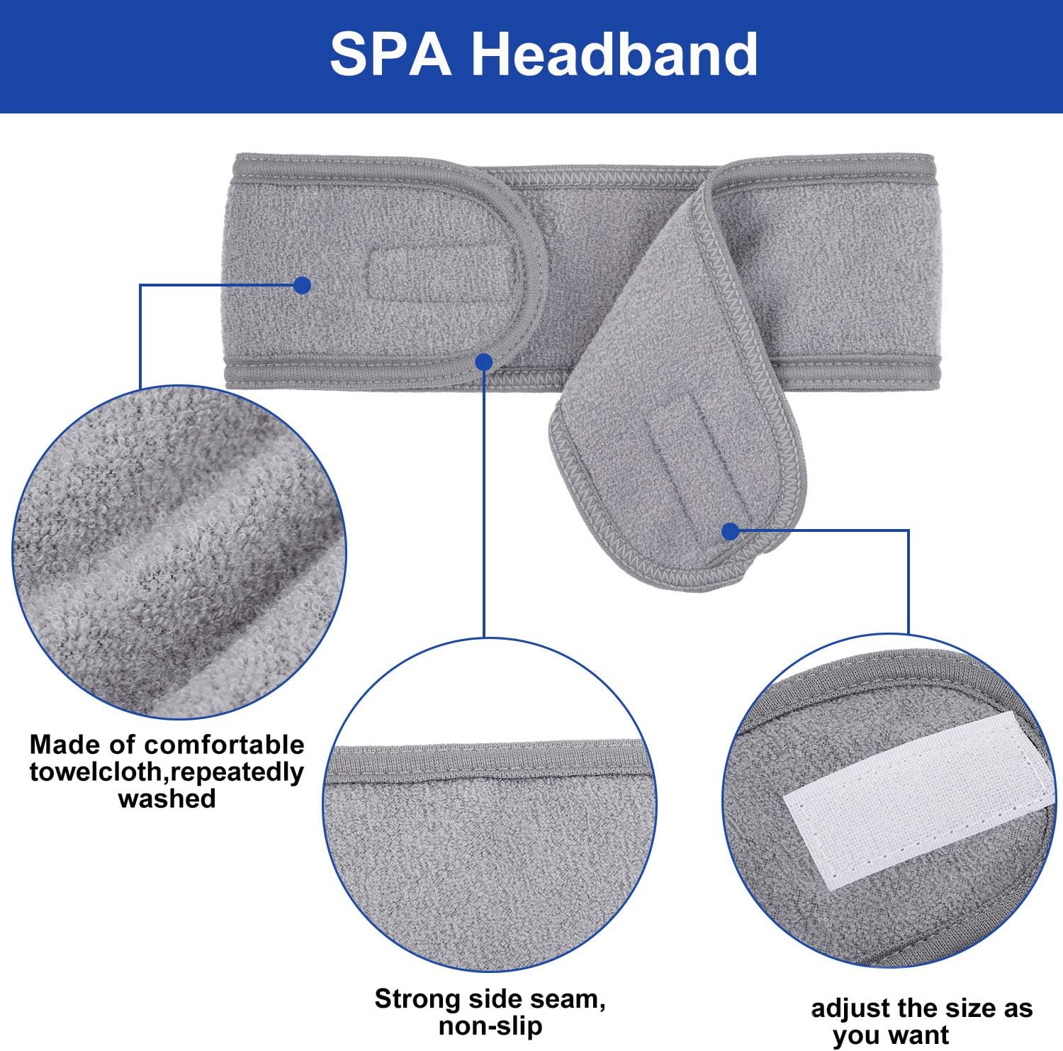 Whaline 4 Counts Spa Facial Headband Head Wrap Terry Cloth Headband Stretch Towel for Bath Makeup and Sport (Gray) - Image 4