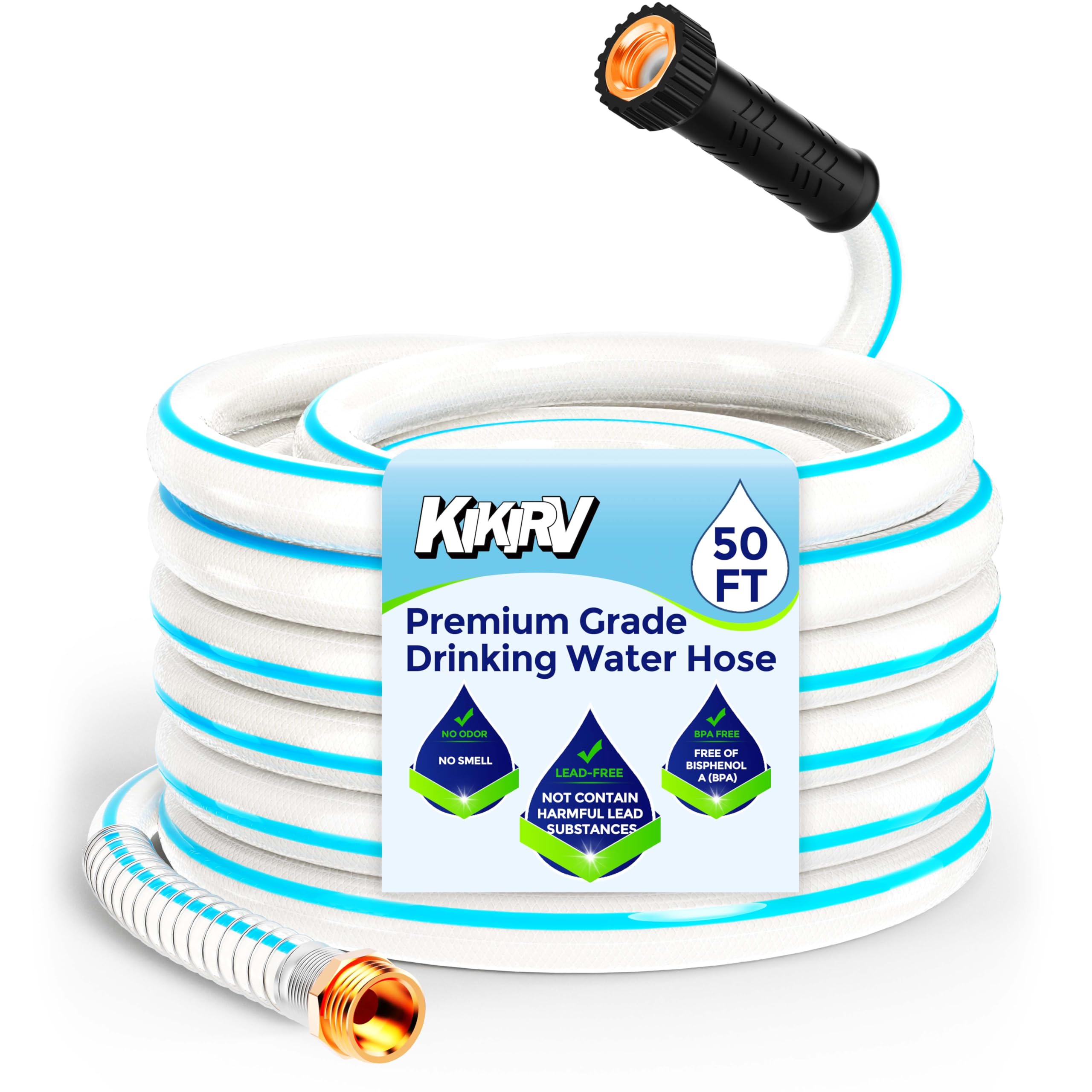 Photo 1 of 50ft RV Water Hose - Drinking Water Hose Contains No Lead, No BPA - Flexible Leak-Free Design - Upgrade Strain Relief Ends - 5/8" Inside Diameter