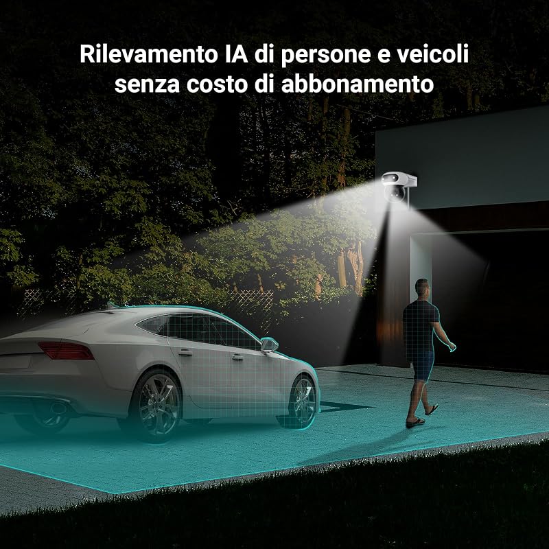 C90 Dual 8MP (4MP+4MP) Telecamera WiFi Esterno con Doppia Lente, Telecamera per Esterni a 360°, Visione Notturna a Colori, Rilevamento Persone/Veicoli, Audio Bidirezionale, Impermeabile