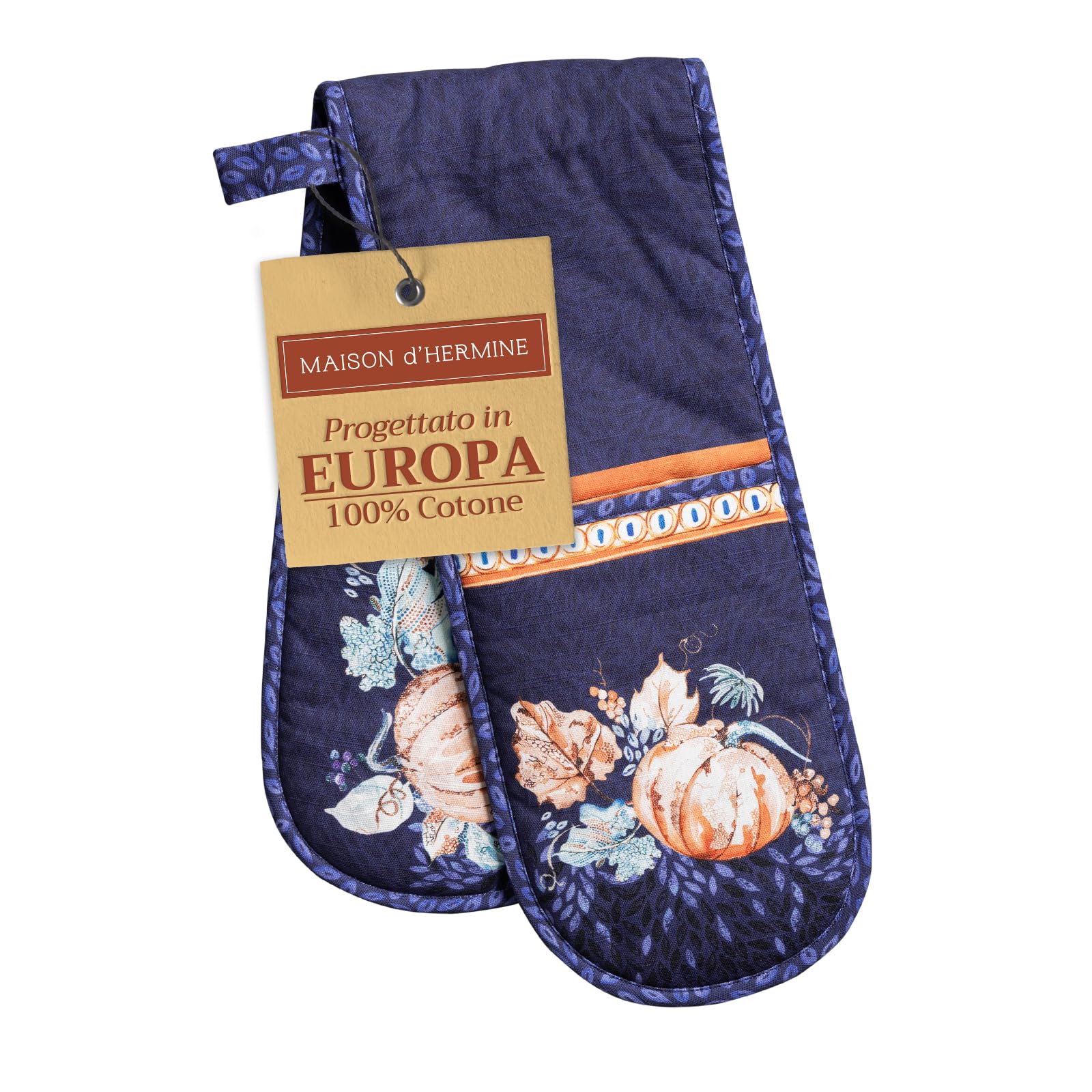 Maison d' Hermine Double Oven Mitt (7" x 35") 100% Cotton Heat Resistant BBQ Cooking Gloves with Loop for Thanksgiving Christmas Decorations Baking Cooking Barbeque Handling Hot Pan (Pumpkin Blues) Image