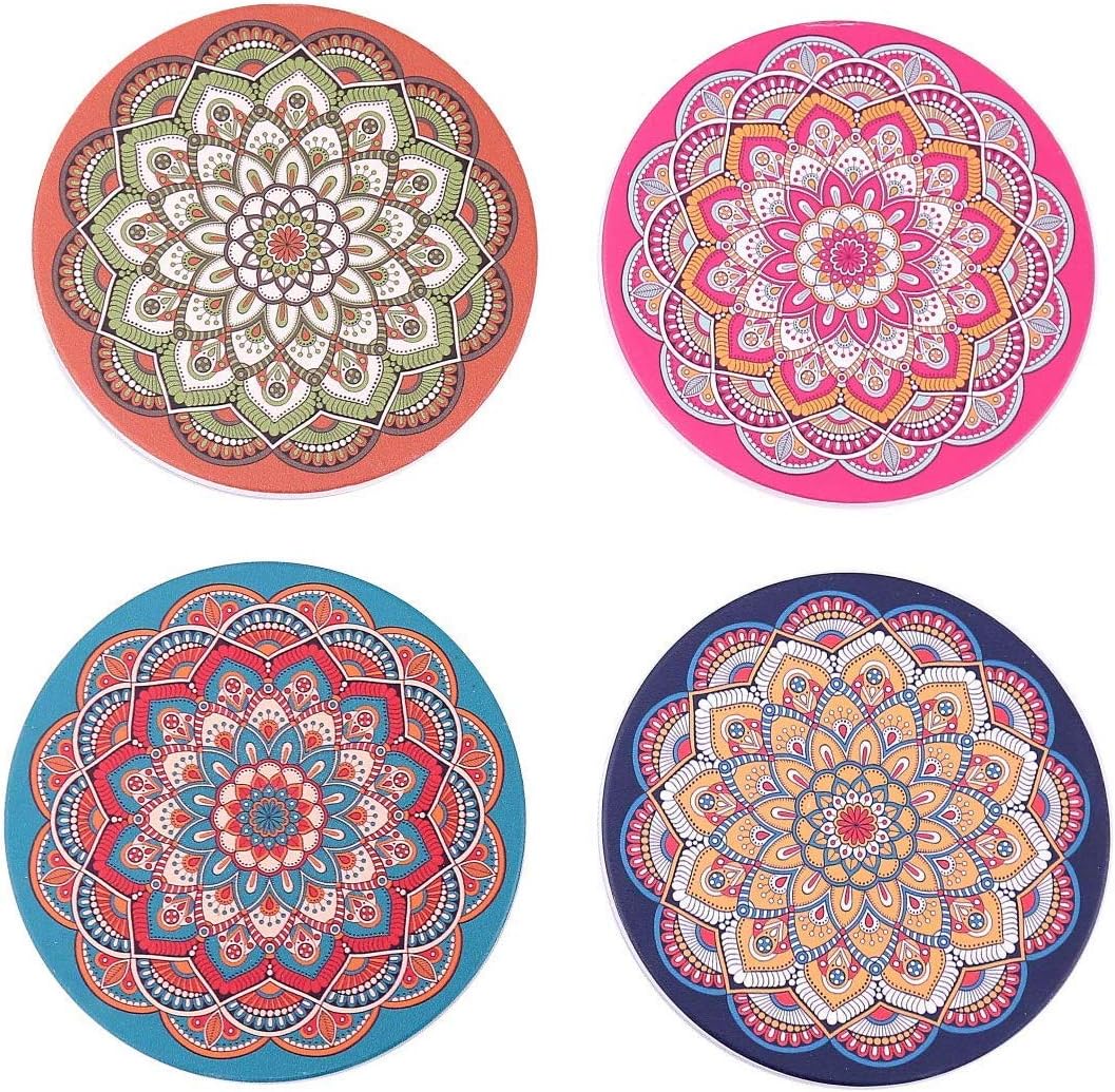 Raily Mandala Lotus Trivet AUD Ceramic Decorative Coasters Hippie Bohemian Glass Coasters for Glass, Cups, Vases, Candles Round 9 cm Set of 4