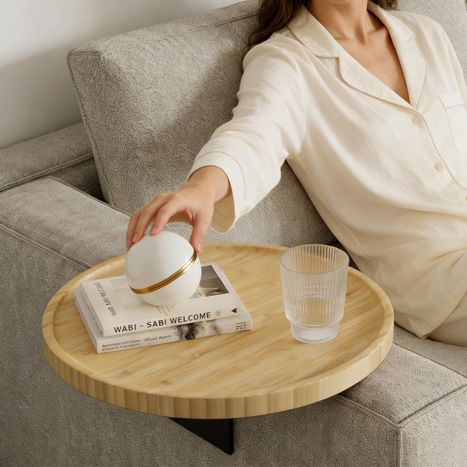 Semjar Bamboo Sofa Arm Tray Table,Adjustable Couch Armchair Tray for Thin & Wide Couches Arms,Round Wooden Sofa Armrest Side Table Couch Caddy Cup Holder for Chair