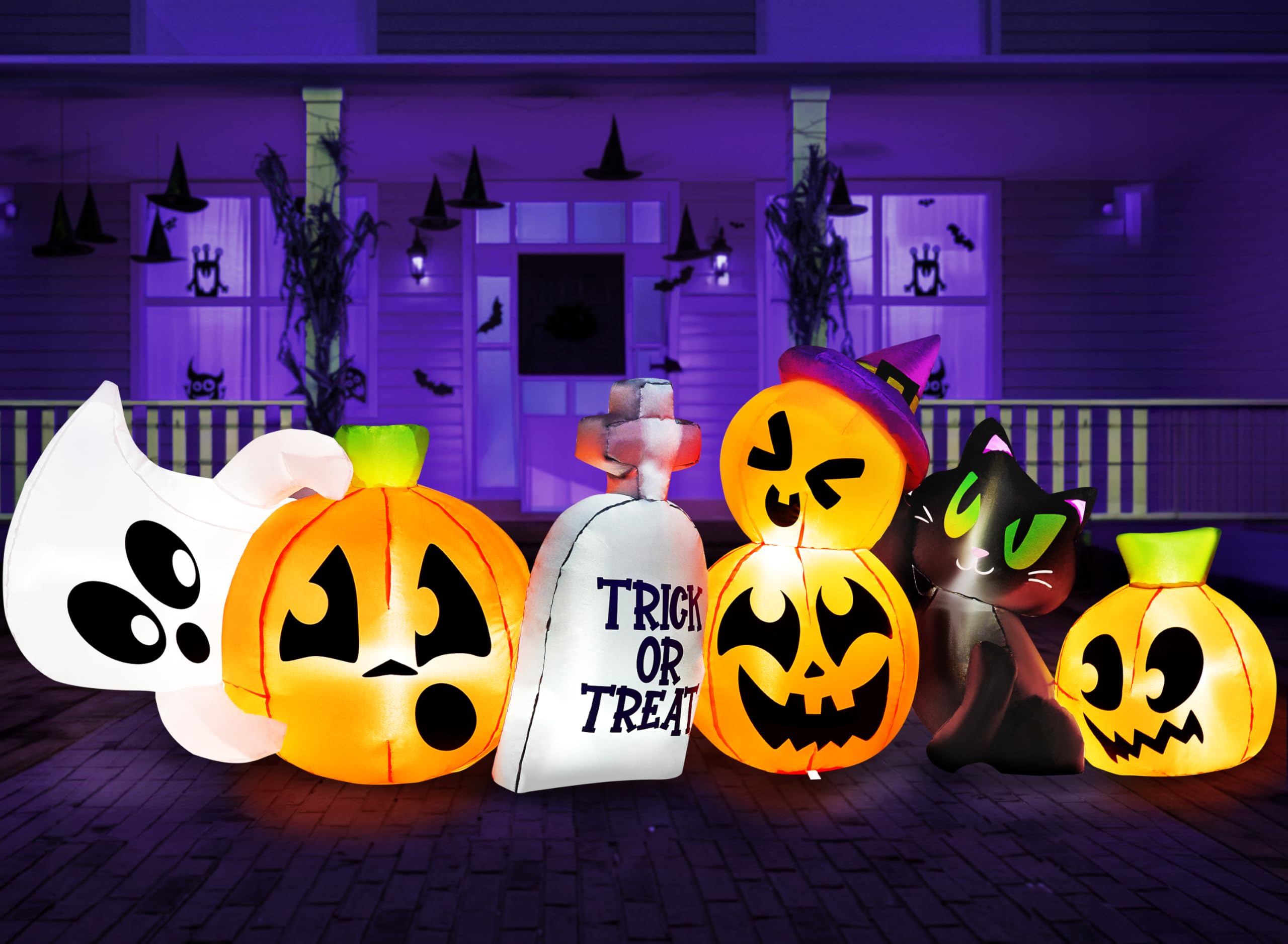 Photo 1 of Joiedomi 8 FT Long Halloween Inflatables Outdoor Decoration, Halloween Blow Up Decorations Outside Inflatable Pumpkin Ghost Cat Tombstone with LEDs for Yard Decor