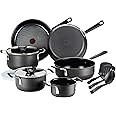T-fal All In One Hard Anodized Nonstick Cookware Set 12 Piece Pots and Pans, Dishwasher Safe Black