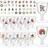 Sliner 100 Pcs Christmas 6 oz Clear Disposable Wine Glasses with Stem Reusable Plastic Wine Cups with 100 Pcs Christmas Wine Glass Drink Markers Static Cling Stickers 100 Styles for Xmas Party Supply