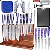 XYJ Authentic Since 1986,Professional Chef Knife Set with Block,Scissors,Sharpening Stick,Cutting Board,Gloves,Japanese Style Paring Boning Bread Slicing Santoku Nakiri Steak Kitchen Knife