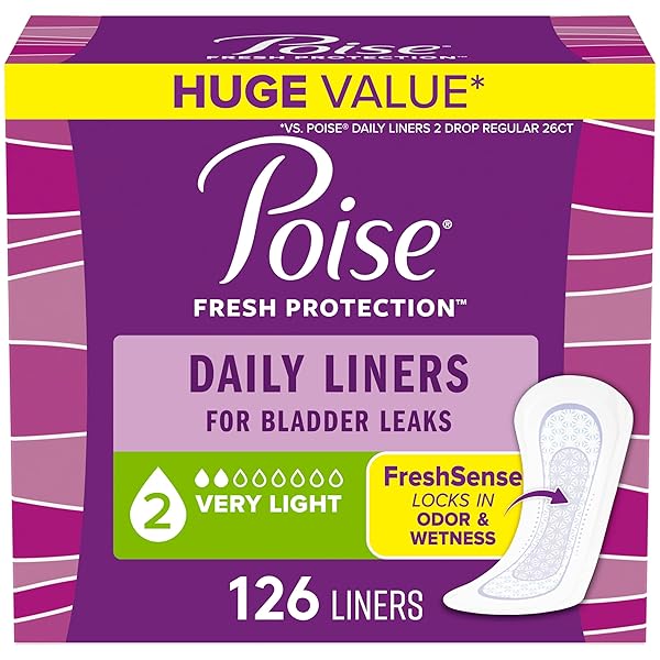 POISE DAILY LINERS, INCONTINENCE PANTY LINERS FOR BLADDER LEAKS, 2 DROP VERY LIGHT ABSORBENCY, REGULAR LENGTH, 126 COUNT OF PANTILINERS, PACKAGING MAY VARY
