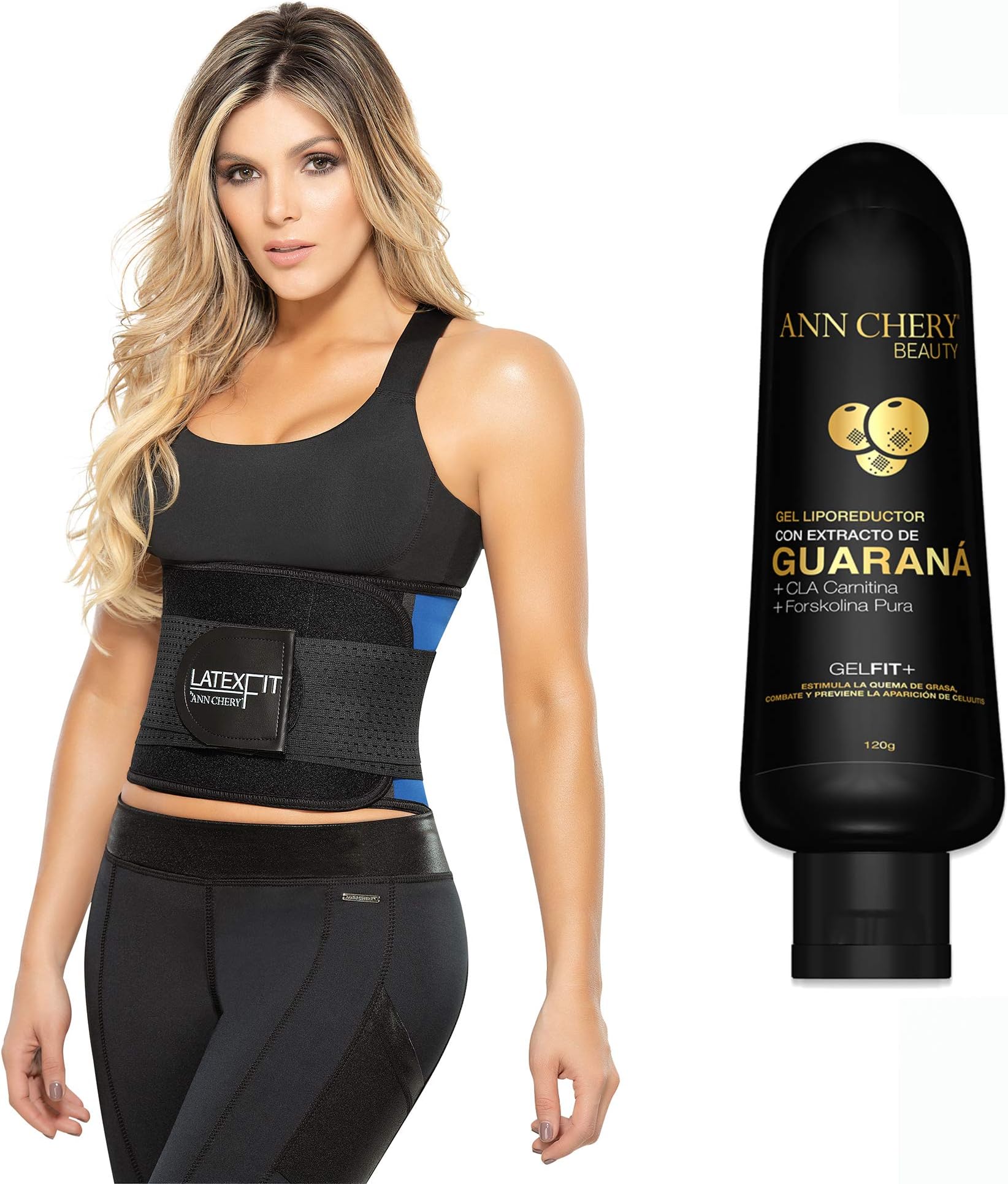 Ann Chery2051 Latex Fit Waist Trimmer Belt Blue with Guarana Slimming Gel. Waist Trainer Girdle Faja Colombiana