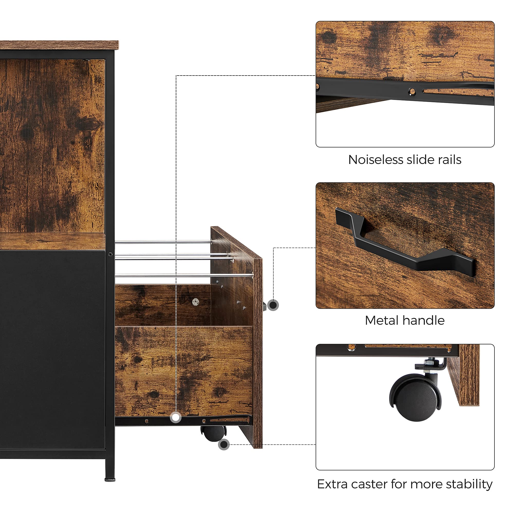 VASAGLE Lateral File Cabinet with Open Shelves and Drawer, for A4, Letter and Legal Sized Documents, Printer Stand, Rustic Brown + Black