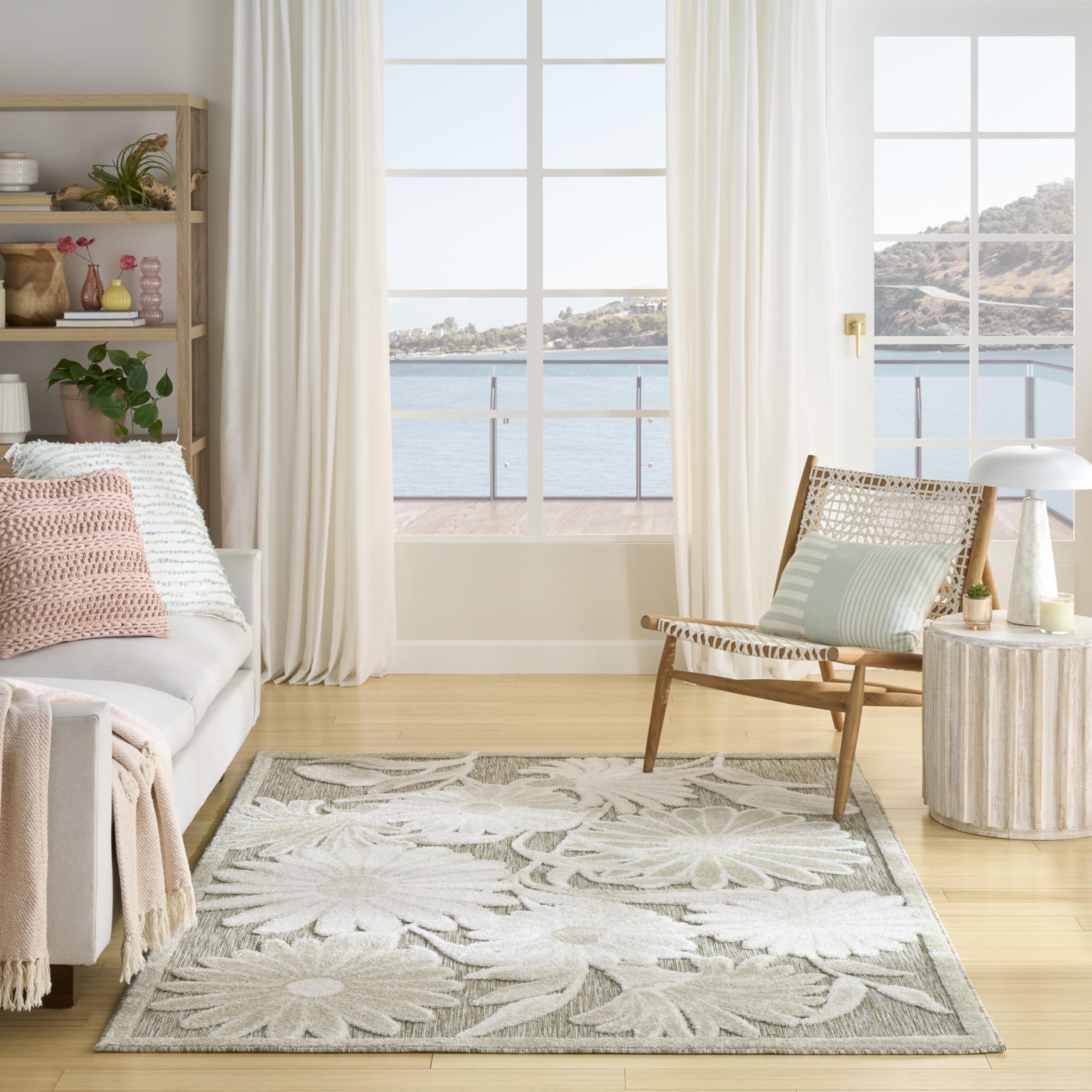 Nourison Home Aloha Ivory Sage 5'3" x 7'5" Area Rug - Easy Clean, Non Shedding, Bed Room, Living Room, Dining Room, Kitchen (5' x 8') Image