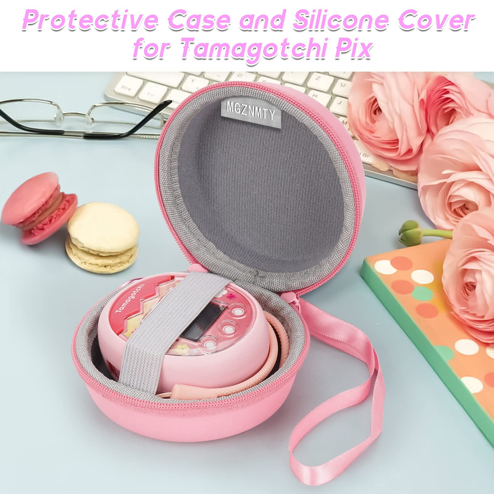 MGZNMTY Travel Carrying Case and Silicone Cover for Tamagotchi Pix Digital Pet Interactive Virtual Toy, Protective Storage Holder for Electronic Gadgets Toys for Kids (Pink)