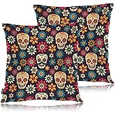 Swono Day of The Dead Throw Pillow Covers, Mexican Sugar Skulls Flowers Skeleton Set of 2 Pillow Cases Decorative 18 X 18 Inches Soft Cushion Cover Pillowcases for Bedroom Living Room Cushion Sofa