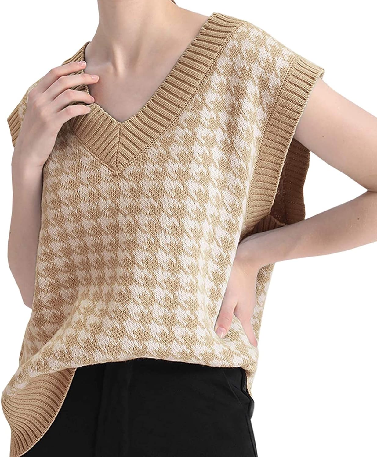 Oversized Houndstooth Knitted Women Sweater Vest V Neck Vintage Pullover Tank Tops at  Women’s Clothing store