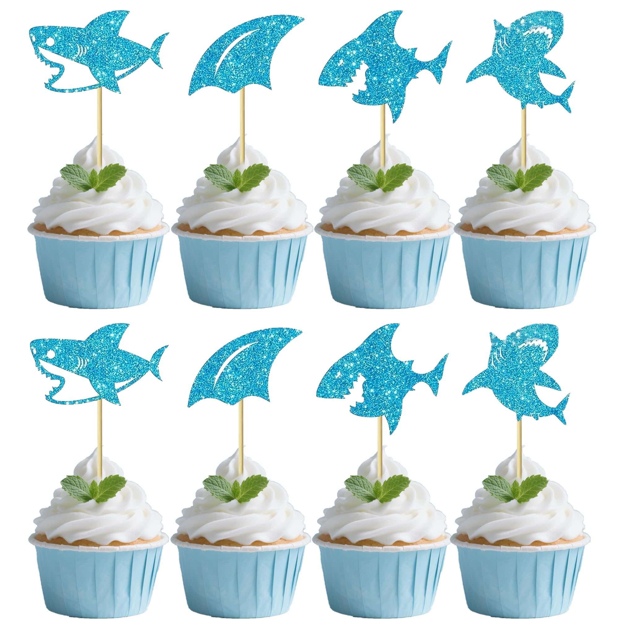 Photo 1 of 12 PCS Blue Glitter Shark Cupcake Toppers - Ocean Theme Cupcake Decorations for Baby Shower & Birthday Parties, Boy & Girl Party Cupcake Decor Supplies