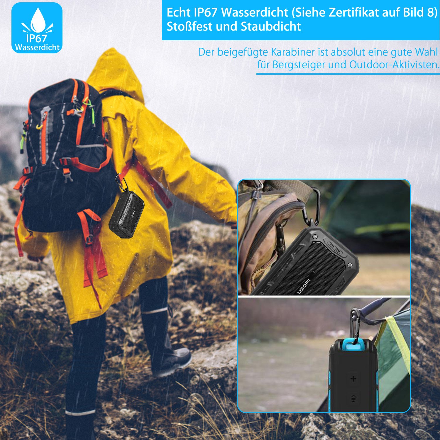 Bluetooth Lautsprecher - Wasserdicht Badezimmer Outdoor Fahrrad Lautsprecher für Handy, Wireless IP67 10W 2200mAh Bluetooth Speaker mit Fahrradhalter/Aux / TF/Mikrofon