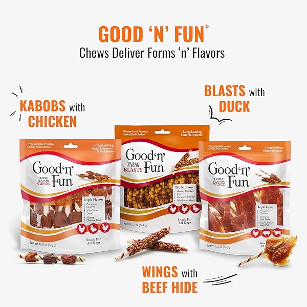 GOOD ‘N’ FUN TRIPLE FLAVOR STUFFED ROLLS WITH PEANUT BUTTER FLAVOR, 8 OUNCE, TREAT YOUR DOG TO LONG-LASTING RAWHIDE CHEWS
