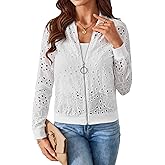 SweatyRocks Women's Bomber Jacket Eyelet Embroidery Long Sleeve Casual Hollow Out Lightweight Zipper Up Jacket