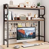 BYMECOST 38.6" Desktop Hutch Bookshelf,2-Tier Desk Shelf with Back Panel | Heavy-Duty Desktop Bookcase With Grid Panel and Hook, Desk Hutch for Computer in Offices or Dorms