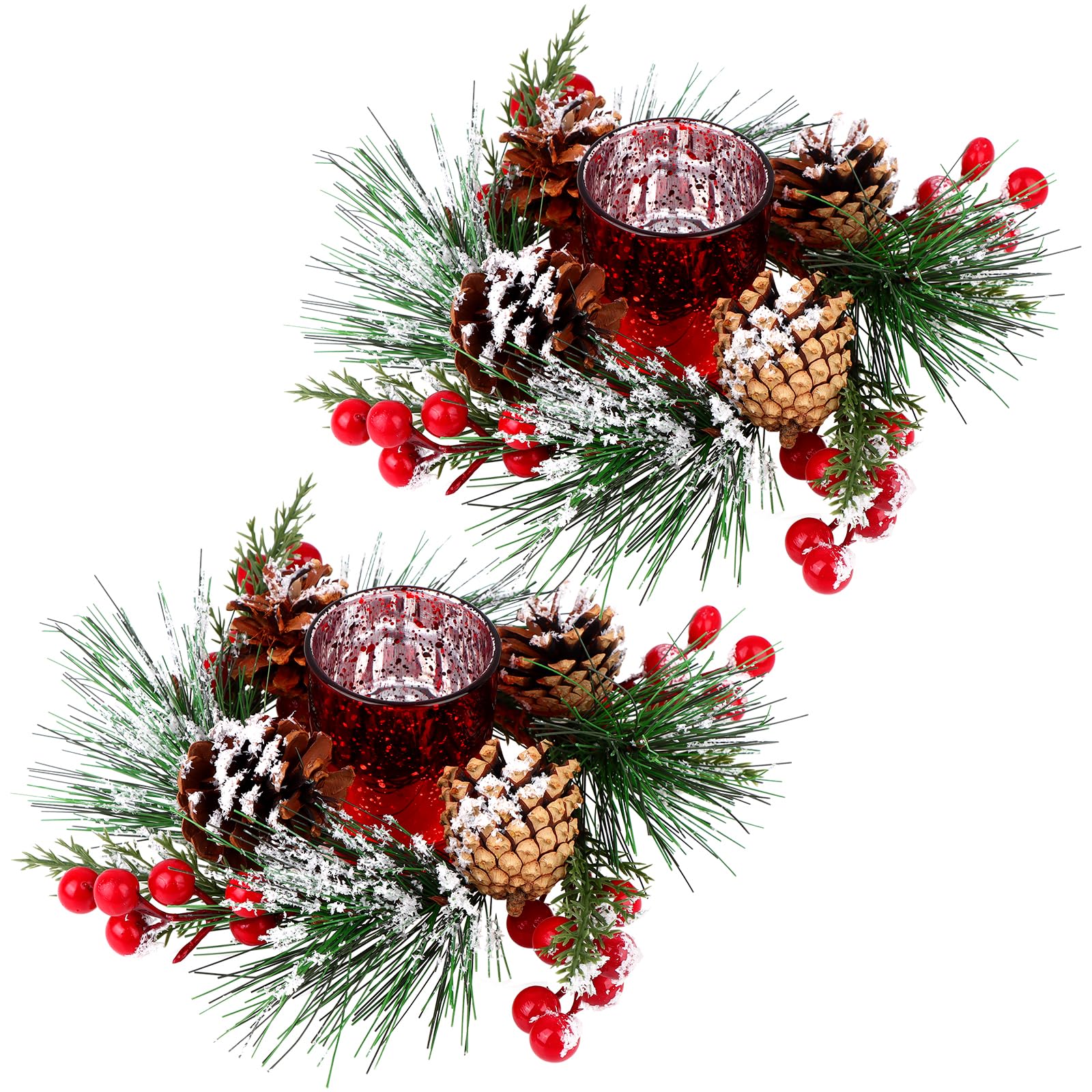 HAOWANWW 2 Set Christmas Candle Rings Christmas Glass Candle Holder with Artificial Red Snowy Pinecone Berry Candle Wreath Ring Small Tealight Holder Table Centerpiece for Christmas Wedding Home