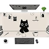 Aesthetic Beige White Anime Desk Mat Mouse Pad Cute Kawaii Minimalist Black Cartoon Cat XXL Large Extended Gaming Mousepad Desk Pad, PC Laptop Keyboard and Mouse Mat for Women Desk 31.5x15.75 in