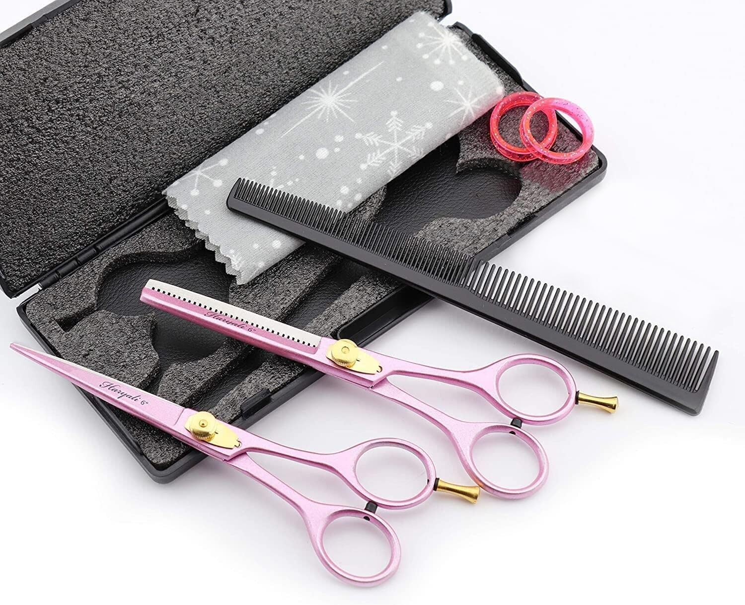 Haryali London Hairdressing Scissors Set - 6 Inches Pink Professional Hair Cutting Scissors Set - 2 Thinning Shears with Adjustable Screw - Hairdressing Comb