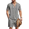 COOFANDY Men's 2 Piece Outfit Vintage Short Sleeve Button Down Knit Polo Shirts Casual Beach Shorts Sets